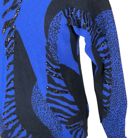 Vintage 80’s Tiano Blue Black Wool Angora Sequin Embellished Sweater Sz M - Picture 5 of 11